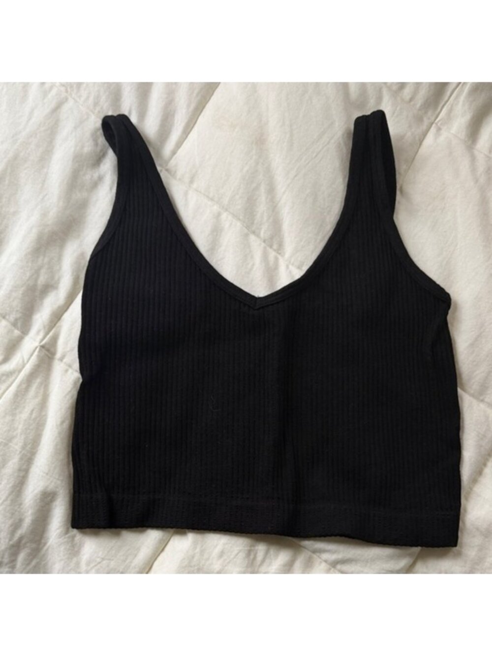 Black Ribbed V-Neck Crop Top - Picture 1 of 2
